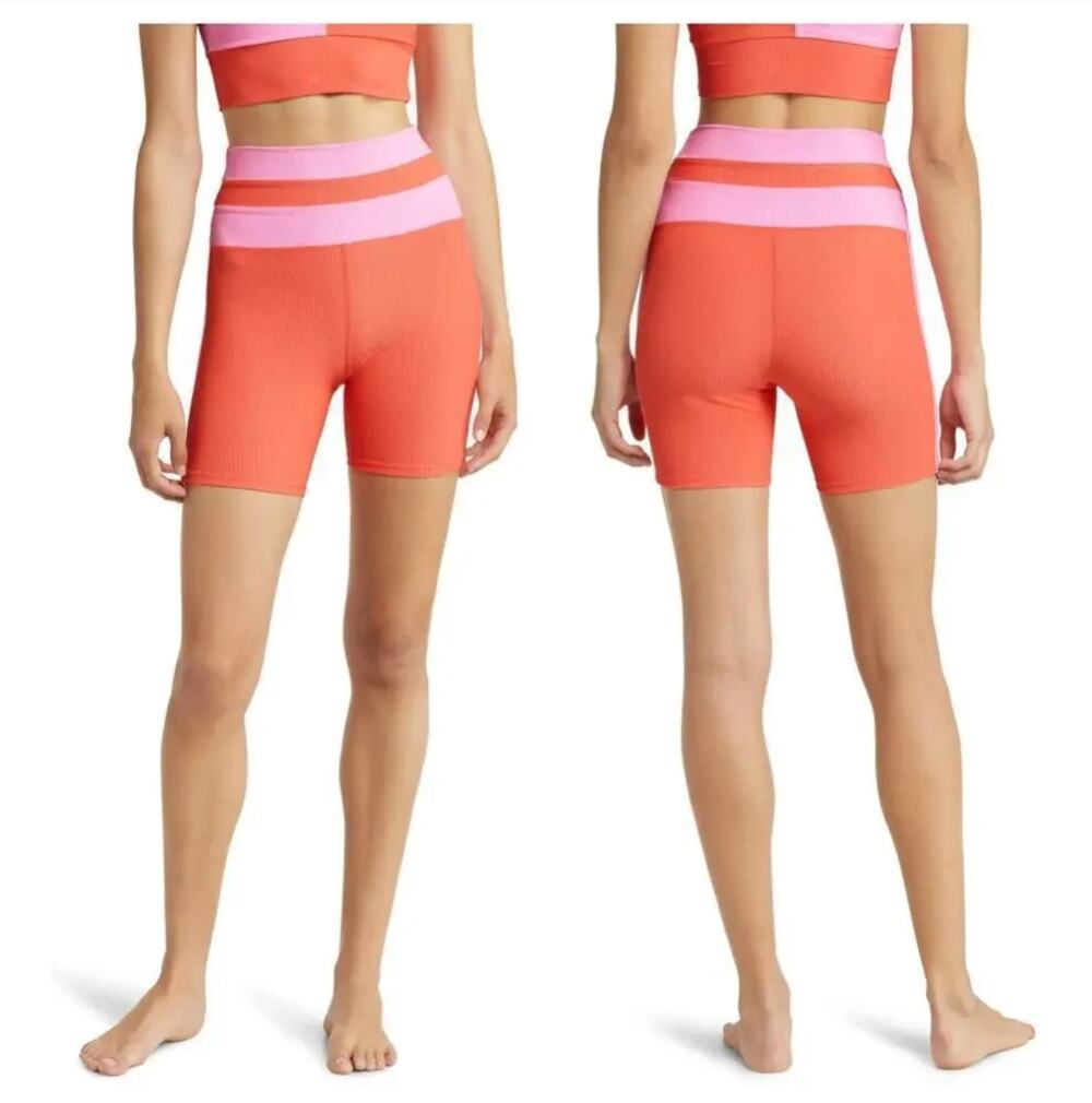 Beach Riot Samantha Rib Colorblock Bike Shorts in Coral Beach Size L